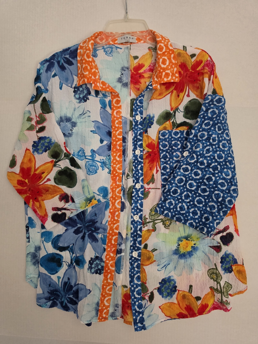 TERRA SJ Apparel Floral Patchwork Button Up Shirt Tropical Crinkle Gauze Sz L